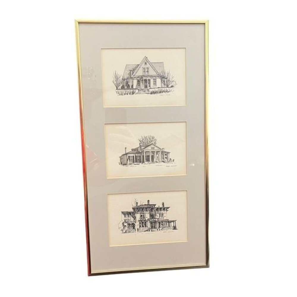 Series of 3 Framed Pen Drawings of Houses in Racine Wisconsin by Artist Robert J